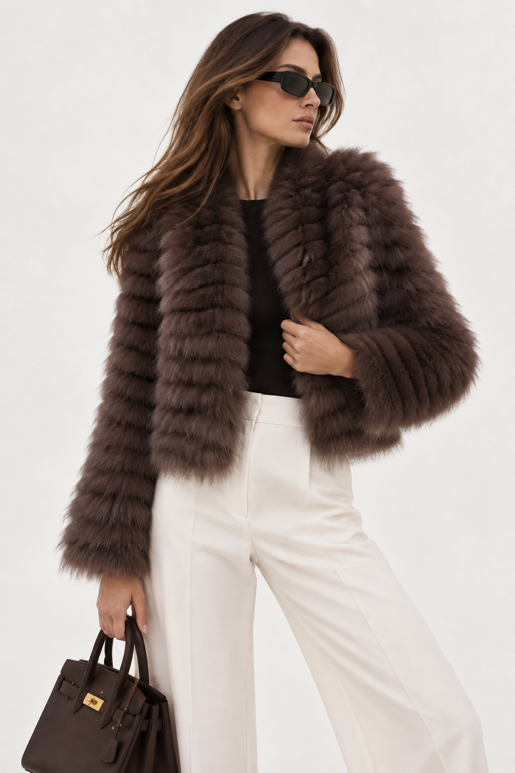 A woman models a dark brown shaggy faux fur cropped jacket, styled with white wide-leg trousers, a black top, sunglasses, and a brown handbag against a plain white background.