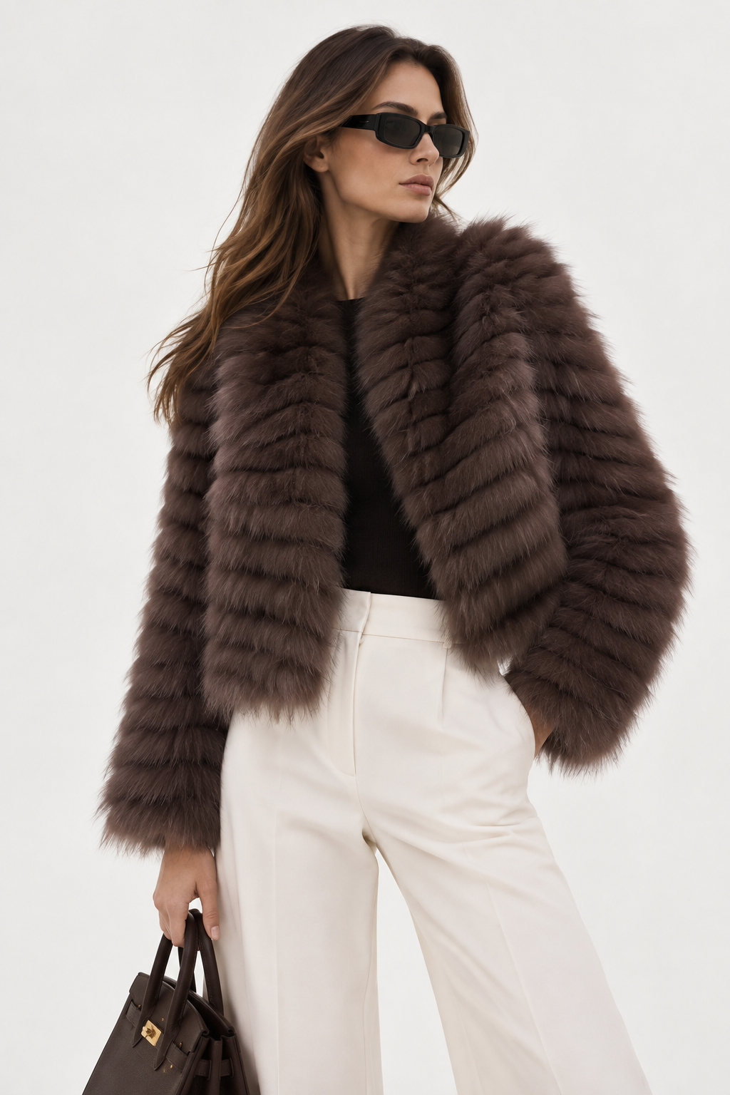 A woman models a dark brown shaggy fox fur jacket, styled with a black top, white trousers, black sunglasses, and holding a brown handbag against a plain white background.